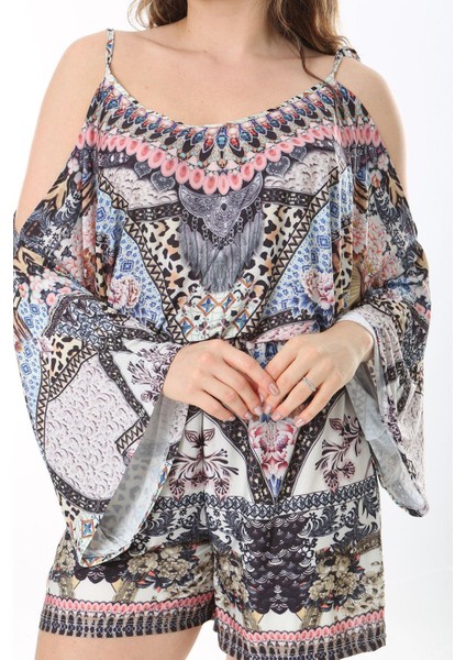 Kadın Büyük Beden Renkli Omuz Dekolteli Şort Tulum 65N37993 modelleri