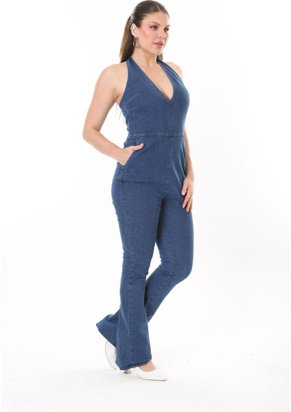 Kadın Büyük Beden Lacivert Sırt Dekolteli Kot Tulum 65N37732