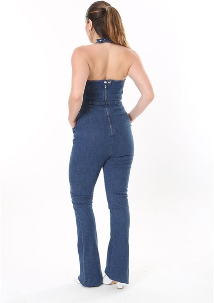 Kadın Büyük Beden Lacivert Sırt Dekolteli Kot Tulum 65N37732 indirimleri