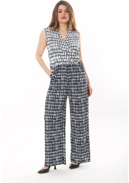 Kadın Büyük Beden Lacivert Anvelop Yakalı Geniş Paçalı Beli Lastikli Tulum 65N37635 fiyatları