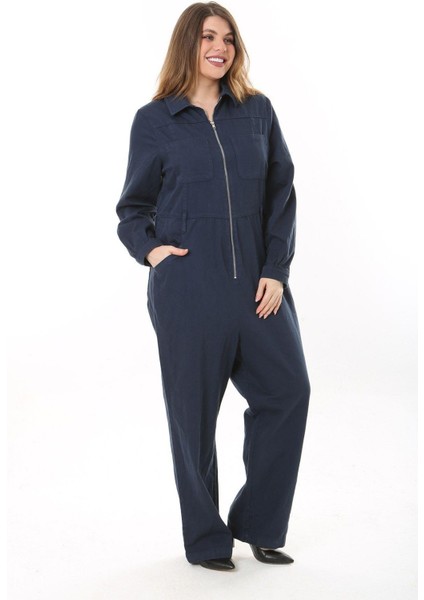 Kadın Büyük Beden Lacivert Ön Fermuarlı 4 Cepli Arka Bel Kemeri Lastikli Kot Tulum 65N37573 modelleri