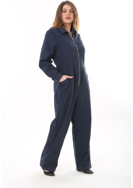 Kadın Büyük Beden Lacivert Ön Fermuarlı 4 Cepli Arka Bel Kemeri Lastikli Kot Tulum 65N37573 fırsatları