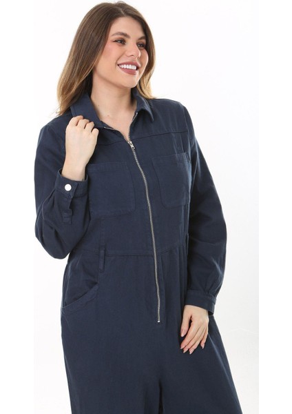 Kadın Büyük Beden Lacivert Ön Fermuarlı 4 Cepli Arka Bel Kemeri Lastikli Kot Tulum 65N37573 indirimleri