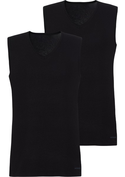 9677 ERKEK TENDER COTTON V YAKA SIFIR KOL 2 Lİ SİYAH ATLET