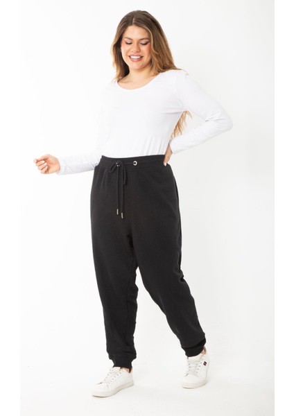 Kadın Büyük Beden Siyah Kuşgözü Bağcıklı Bel ve Paçası Ribanalı Eşofman Pantolon 65N37398
