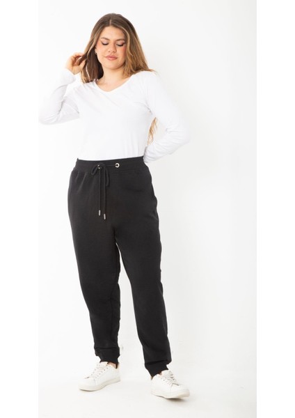 Kadın Büyük Beden Siyah Kuşgözü Bağcıklı Bel ve Paçası Ribanalı Eşofman Pantolon 65N37398 fiyatları