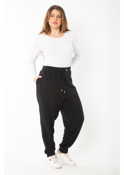 Kadın Büyük Beden Siyah Kuşgözü Bağcıklı Bel ve Paçası Ribanalı Eşofman Pantolon 65N37398 modelleri