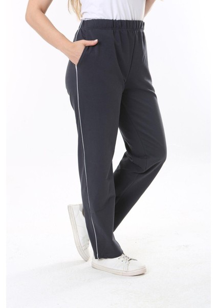 Kadın Büyük Beden Füme Biye Detaylı Yan Cepli Beli Lastikli Eşofman Alt 65N37840