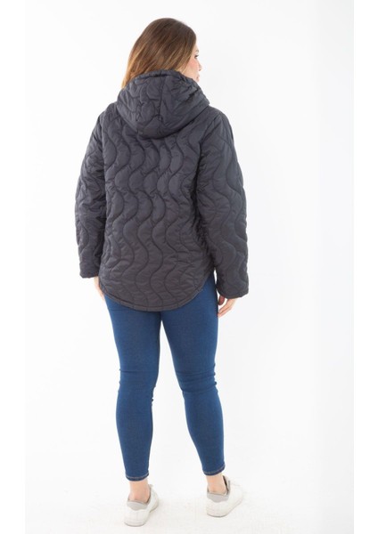 Kadın Büyük Beden Gri Ön ve Cep Fermuarlı Kapşonlu Astarlı Kapitone Mont 65N37462 modelleri