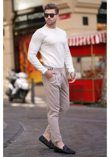 Beyaz Bisiklet Yaka Balıksırtı Desenli Uzun Kollu Örme Kazak 7219 modelleri