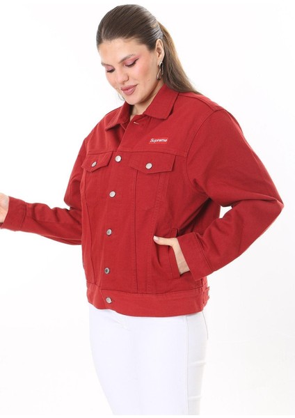 Kadın Büyük Beden Bordo Metal Düğmeli Kup Detaylı Cepli Kot Mont 65N37713 modelleri