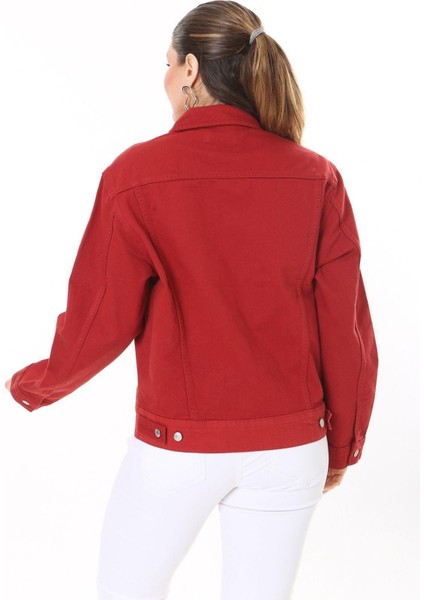 Kadın Büyük Beden Bordo Metal Düğmeli Kup Detaylı Cepli Kot Mont 65N37713 fırsatları