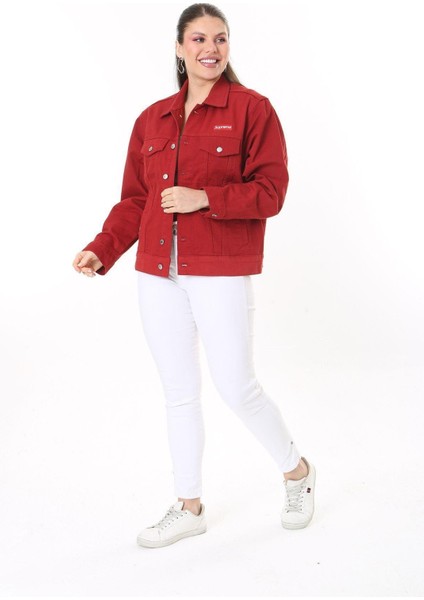 Kadın Büyük Beden Bordo Metal Düğmeli Kup Detaylı Cepli Kot Mont 65N37713 indirimleri