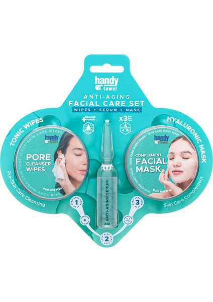 Handytowel 3 Adımlı Yaşlanma Önleyici Yüz Bakım Seti, Mendil, Anti-Aging Serum, Maske