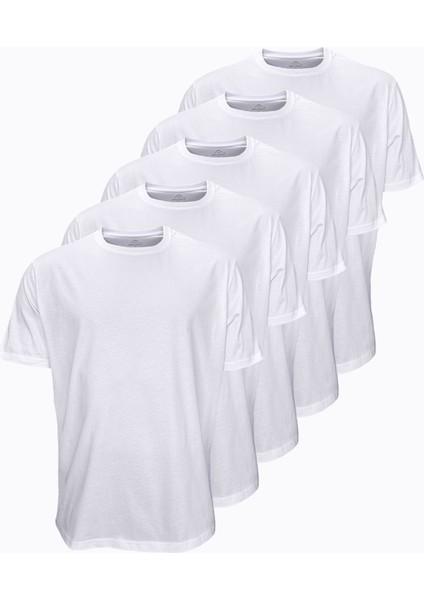 Beyaz 5 Li Paket Erkek Büyük Beden Tişört Loose Fit / Pamuk Bol Rahat Kesim 5M6041