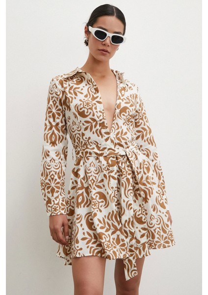 Godeli Desenli Elbise Kahve fırsatları