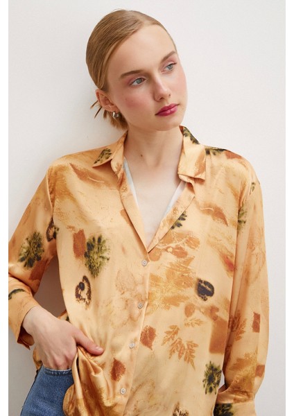Desenli Saten Gömlek Somon