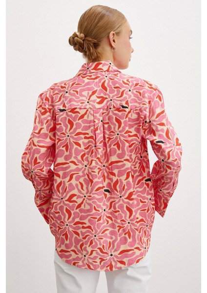 Çiçek Desen V Yaka Modal Gömlek Fuşya modelleri