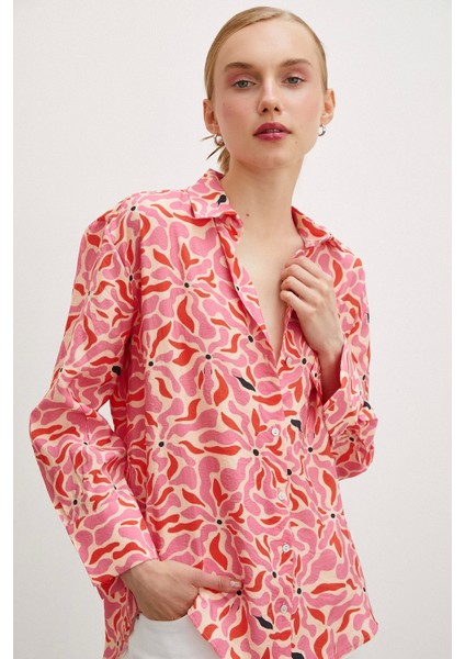 Çiçek Desen V Yaka Modal Gömlek Fuşya fırsatları