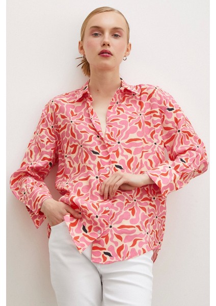 Çiçek Desen V Yaka Modal Gömlek Fuşya indirimleri