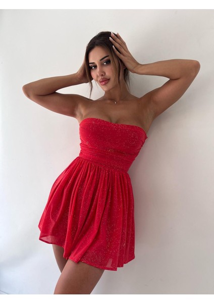 Kırmızı Elegant Sparkle Straplez Fiyonk Detaylı Mini Elbise