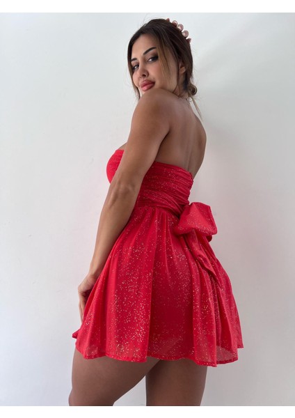Kırmızı Elegant Sparkle Straplez Fiyonk Detaylı Mini Elbise fiyatları