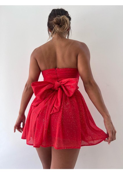 Kırmızı Elegant Sparkle Straplez Fiyonk Detaylı Mini Elbise modelleri