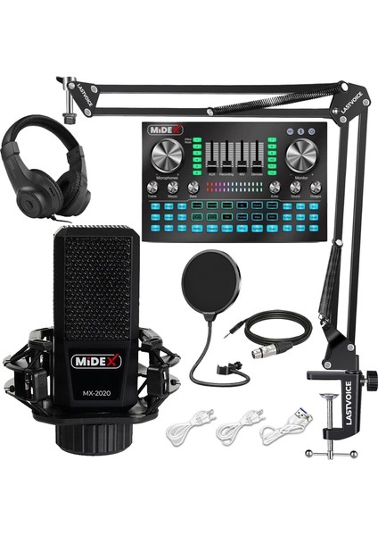 MX-2020 Diamond Set Efektli Ses Kartı Mikrofon Kulaklık Stand Kayıt Canlı Yayın Seti (PC ve Telefon)