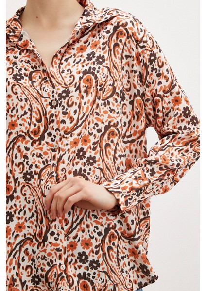 Desenli Gofret Saten Gömlek Oranj modelleri