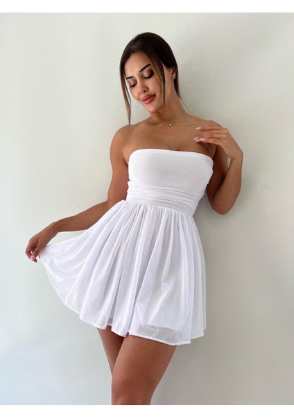 Beyaz Elegant Sparkle Straplez Fiyonk Detaylı Mini Elbise