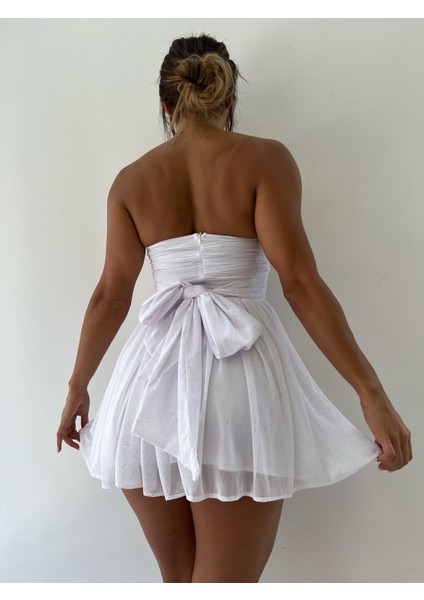 Beyaz Elegant Sparkle Straplez Fiyonk Detaylı Mini Elbise modelleri