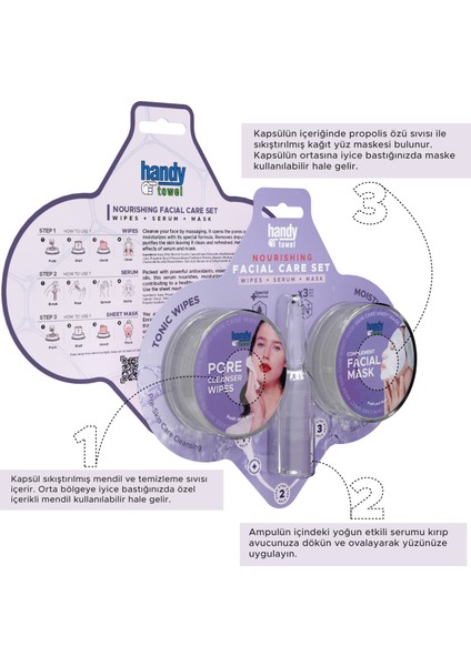 Handytowel 3 Adımlı Besleyici Yüz Bakım Seti, Mendil, Serum, Maske