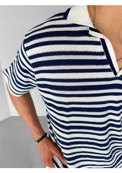 Oversize Yarım Pat Yaka Fileli Esnek T-Shirt Lacivert Beyaz fırsatları