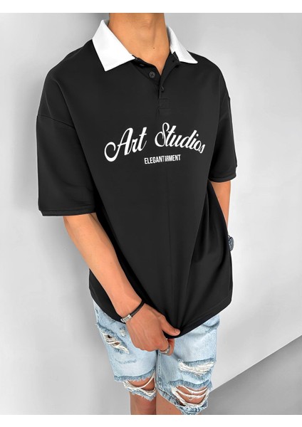Oversize Fit Esnek 3 Düğmeli Polo Yaka Pamuklu T-Shirt Siyah