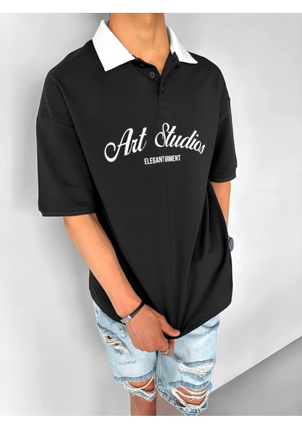 Oversize Fit Esnek 3 Düğmeli Polo Yaka Pamuklu T-Shirt Siyah fiyatları