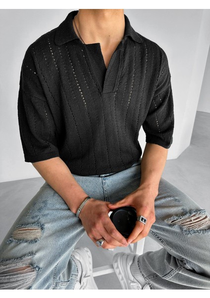 Yarım Pat Gömlek Yaka Desenli Oversize Triko T-Shirt Siyah