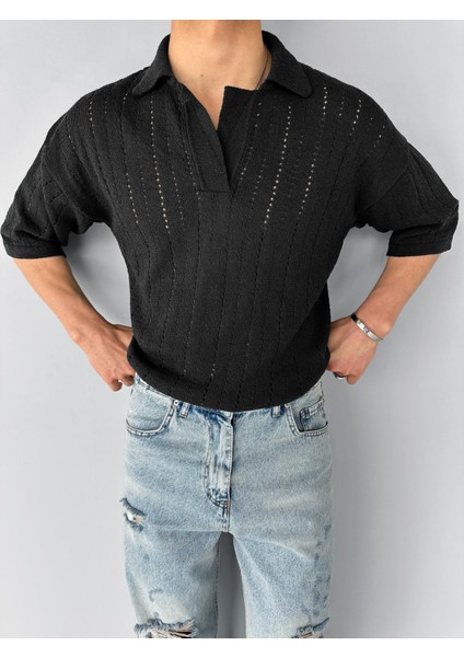 Yarım Pat Gömlek Yaka Desenli Oversize Triko T-Shirt Siyah fırsatları