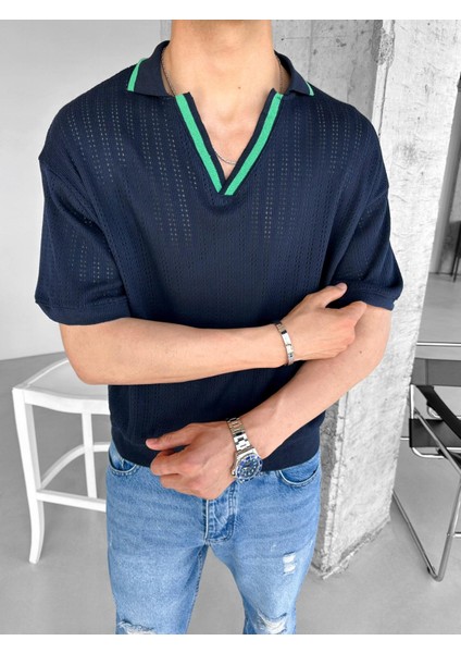 Yarım Pat Gömlek Yaka Desenli Triko T-Shirt Lacivert Yeşil