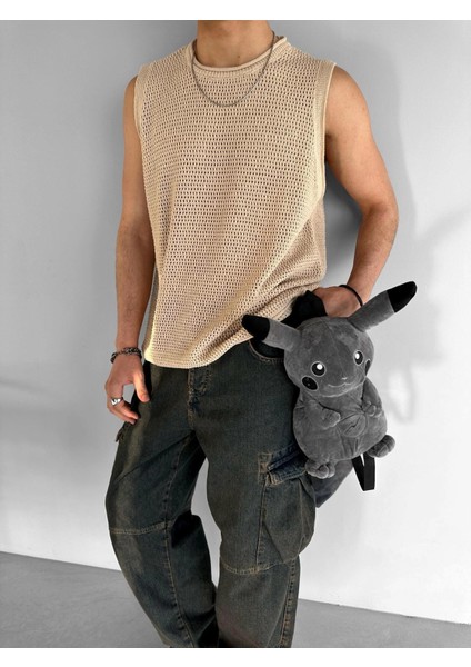 Oversize Örme Sıfır Kol T-Shirt Bej