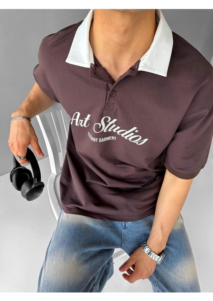 Oversize Fit Esnek 3 Düğmeli Polo Yaka Pamuklu T-Shirt Kahverengi