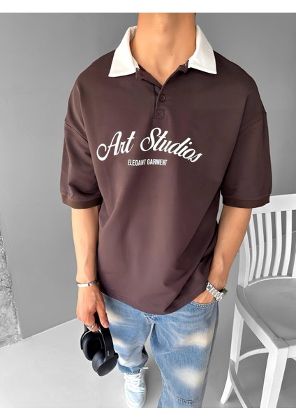 Oversize Fit Esnek 3 Düğmeli Polo Yaka Pamuklu T-Shirt Kahverengi fiyatları