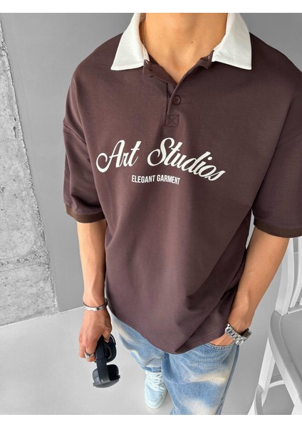 Oversize Fit Esnek 3 Düğmeli Polo Yaka Pamuklu T-Shirt Kahverengi modelleri