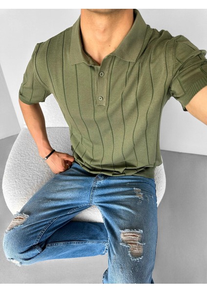 Slim Fit Polo Yaka Esneki Triko T-Shirt Yeşil modelleri