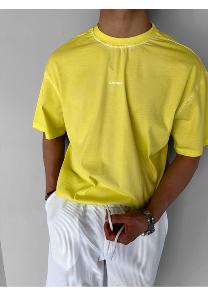 Oversize Yuvarlak Yaka Yıkamalı Catch T-Shirt Sarı