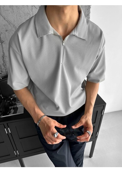 Fermuarlı Polo Yaka T-Shirt Açık Gri