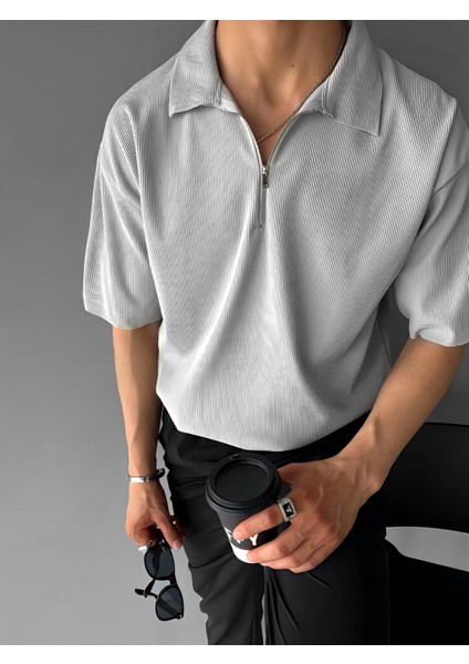 Fermuarlı Polo Yaka T-Shirt Açık Gri modelleri