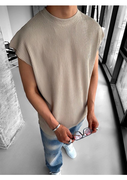 Oversize Fitilli Kolsuz T-Shirt Bej