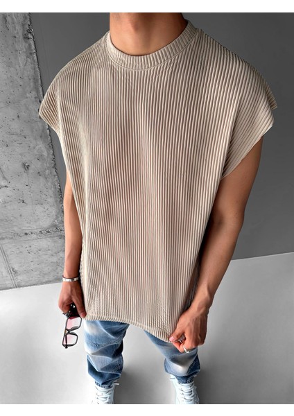 Oversize Fitilli Kolsuz T-Shirt Bej fiyatları