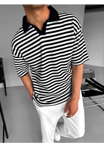 Oversize Yarım Pat Polo Yaka Çizgili T-Shirt Beyaz - Siyah modelleri