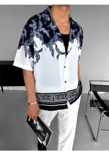 Oversize Etnik Desen Baskılı Gömlek Siyah
